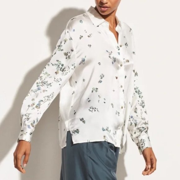 Vince Scattered Floral Silk Long-Sleeve Blouse - Medium - Picture 3 of 14